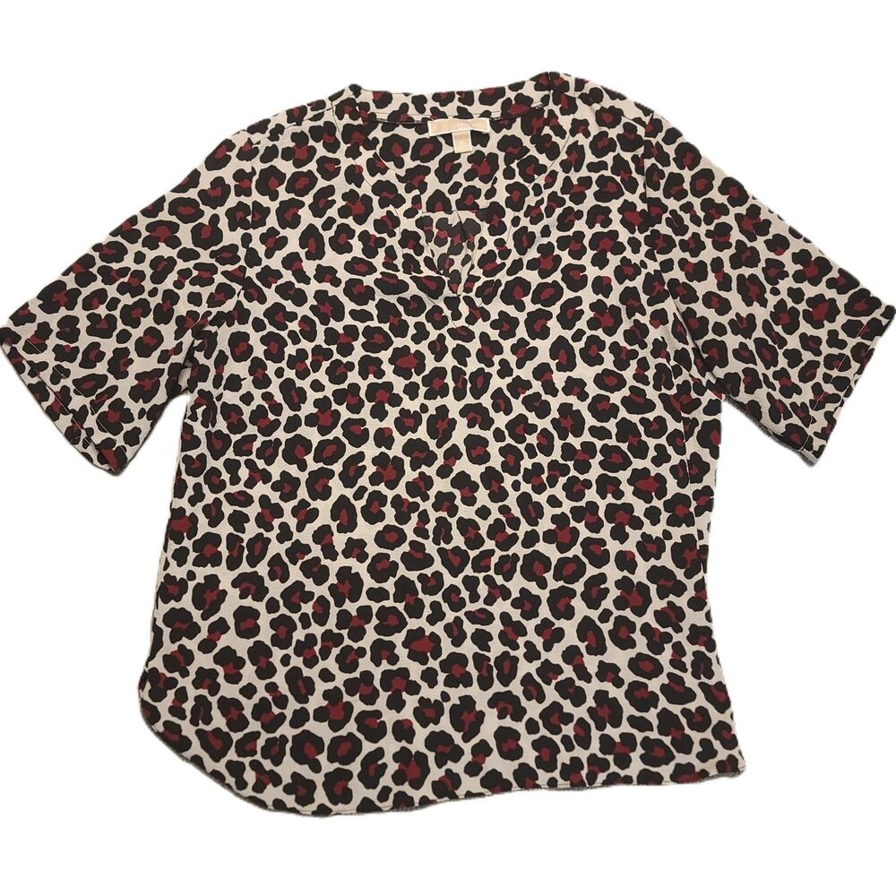 Michael Kors Womens XL Blouse V-Neck Pullover White Black Burgundy Leopard Print